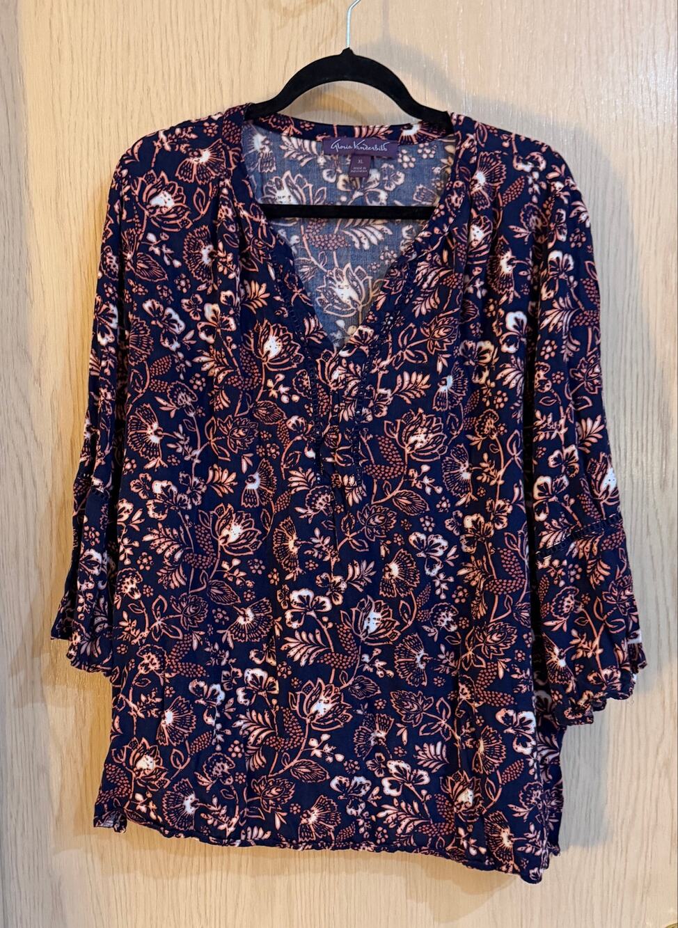 Gloria Vanderbilt Nova Black Coral Floral Boho Blouse XL